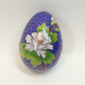 Cloisonne Enamel Egg Vintage Pink Chrysanthemum Flowers on Blue AS IS